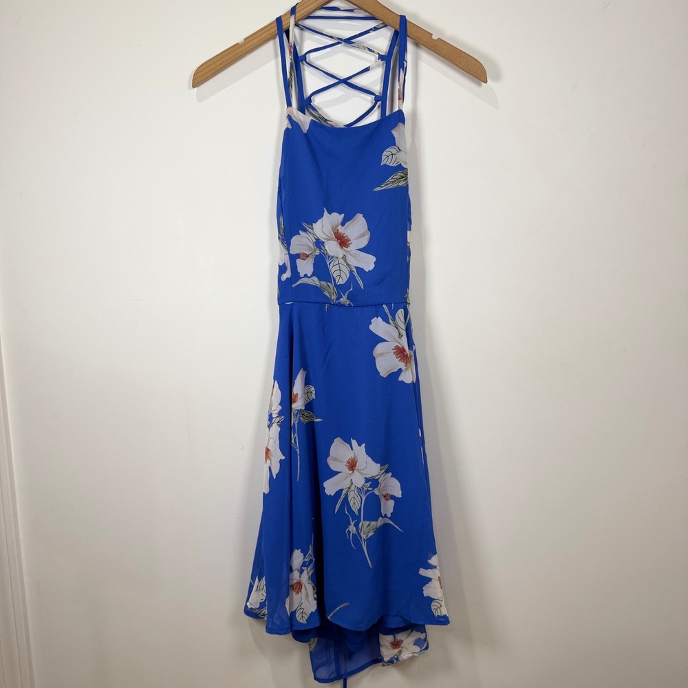 Blue Floral Mini Dress Womens L Lace Up Chiffon Autumn wedding guest cocktail - Picture 3 of 6